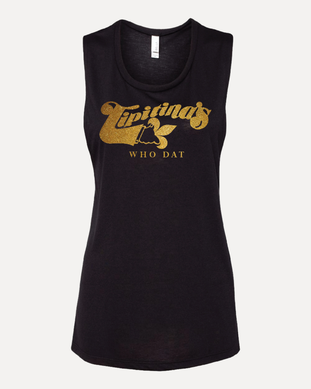 Ladies Black & Gold Glitter WHO DAT Tipitina's Logo Tank