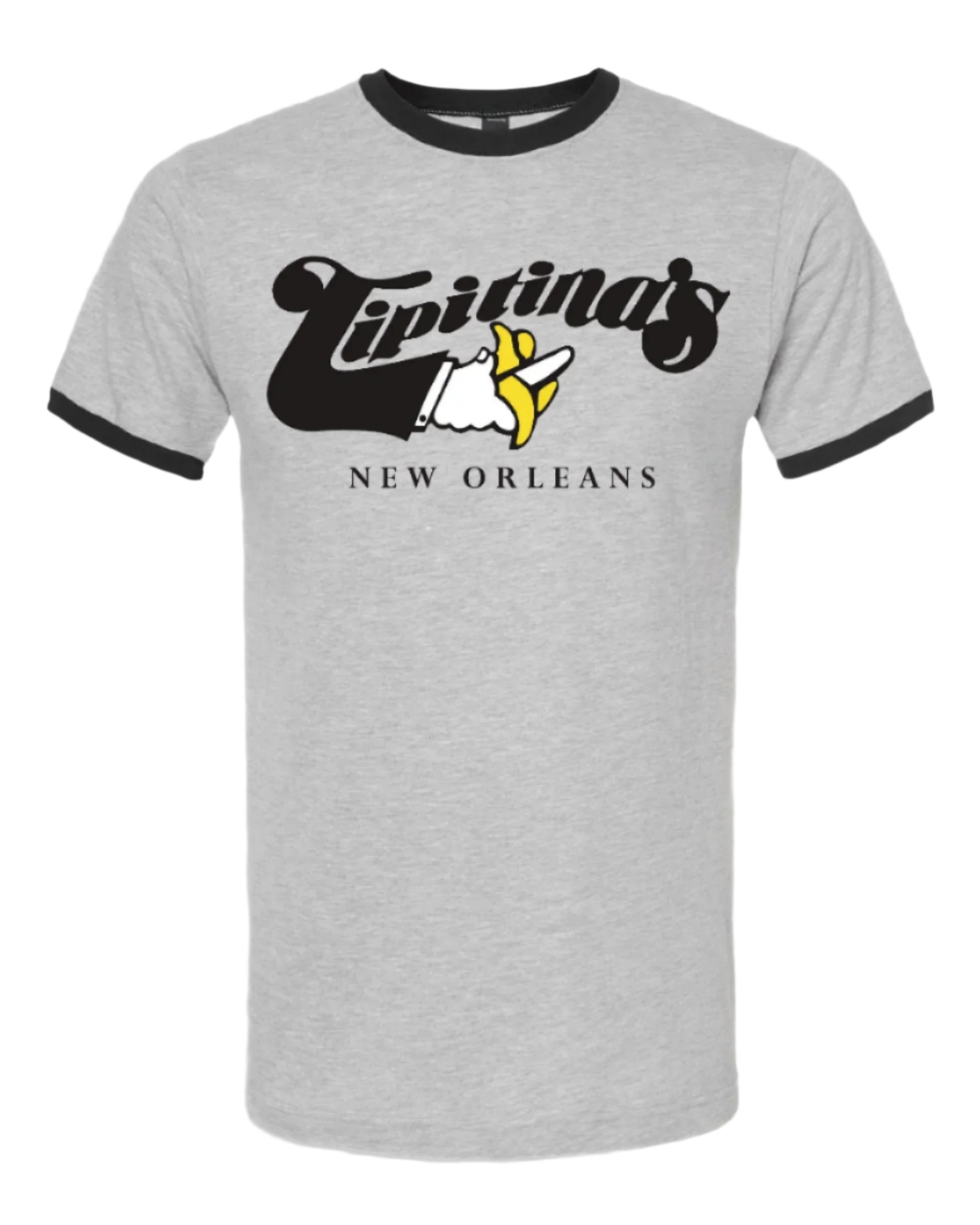 Unisex Ringer Logo Tee - Heather Gray & Black – Tipitinas Unisex Ringer Logo Tee - Heather Gray & Black – Tipitinas